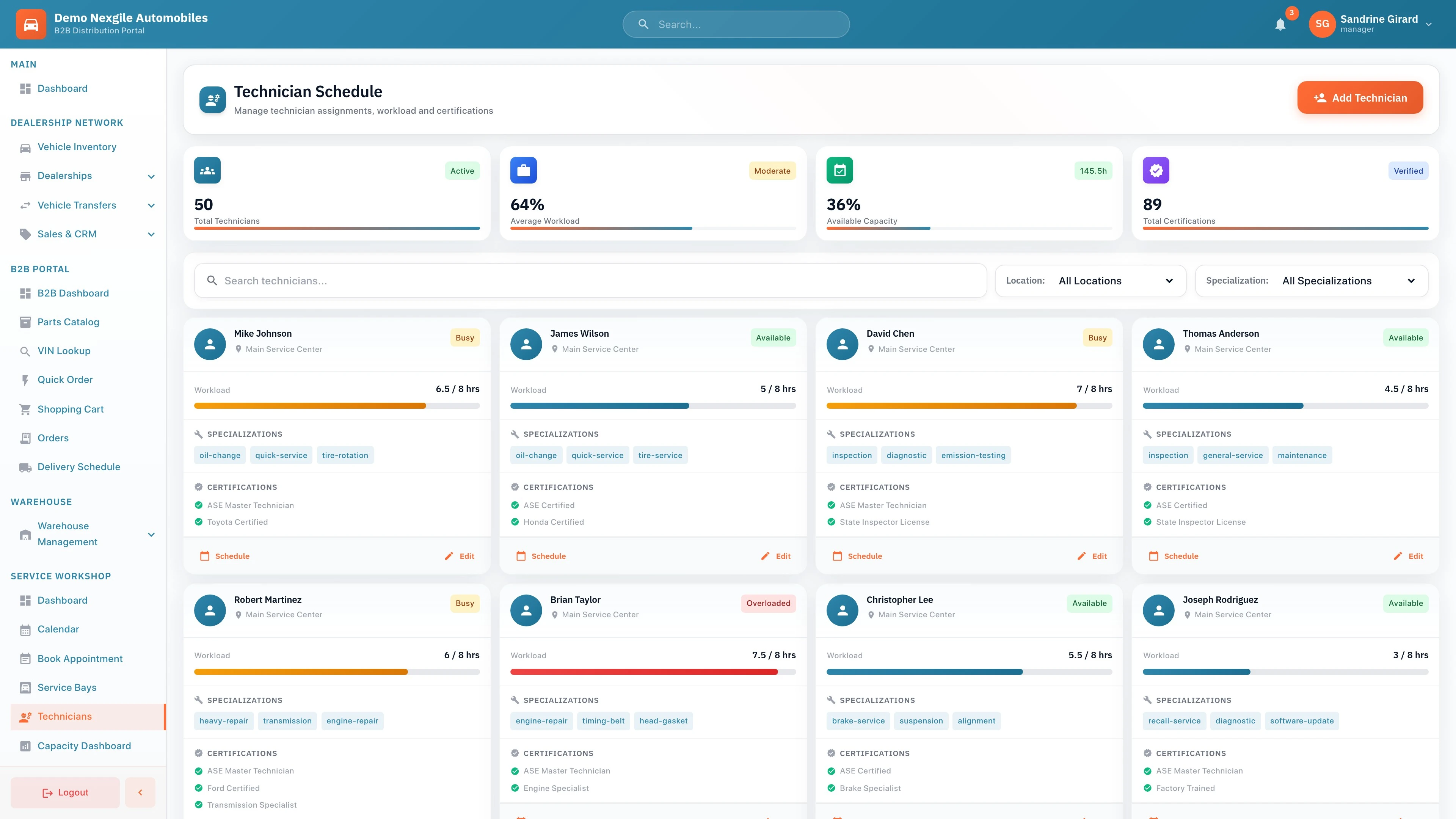 Service Workshop - Technicians Management Interface